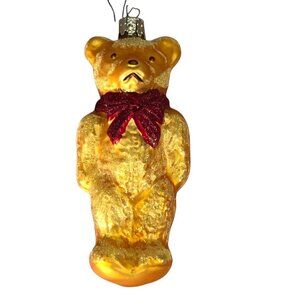 Vintage Christborn Gold Glitter Teddy Bear with Red Bow Ornament 5" Germany